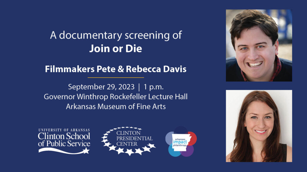 A documentary screening of Join or Die with Filmmakers Pete and Rebecca Davis. September 29, 023 at 1 p.m. at the Governor Winthrop Rockefeller Lecture Hall, Arkansas Museum of Fine Arts