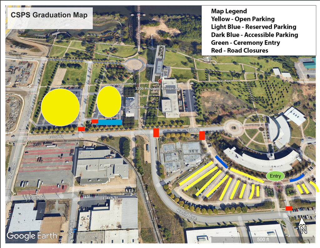 A parking map of the area surrounding the Clinton Presidential Center grounds. 